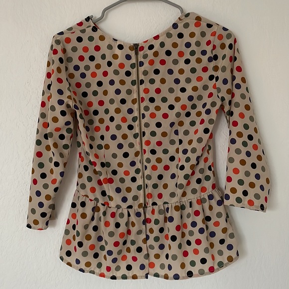 Mossimo Supply Co Polka Dot Cream/Black/Green/Red Peplum Zipper Satin Top XS - Picture 2 of 4